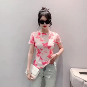 Ammin Áo thun cotton in hình bươm bướm nhuộm kiểu cột thắt cổ tròn ngoại cỡ Mới Mùa Hè 2024 áo Áo Blouse thanh lịch tay ngắn thường ngày cho Nữ