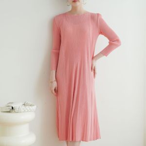 Women Miyake Style Pleated Dress 3D Tailored Slim Fit High-End Elegant Pleats Long Dress #3074
