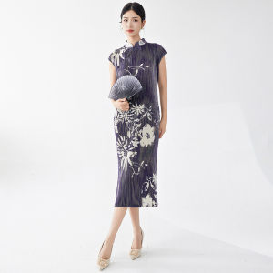 2087-2 Mid-Length Slit New Chinese Style Dress WomenS Spring Summer Retro Print Stand Collar Improved Cheongsam One Size (45-75kg)