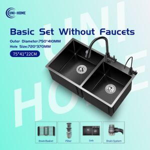 UNI-HOME Kitchen Sink SUS304 Stainless Steel With Faucet Set Nano Double Tub Sink Complete Set Give Drain&Basket