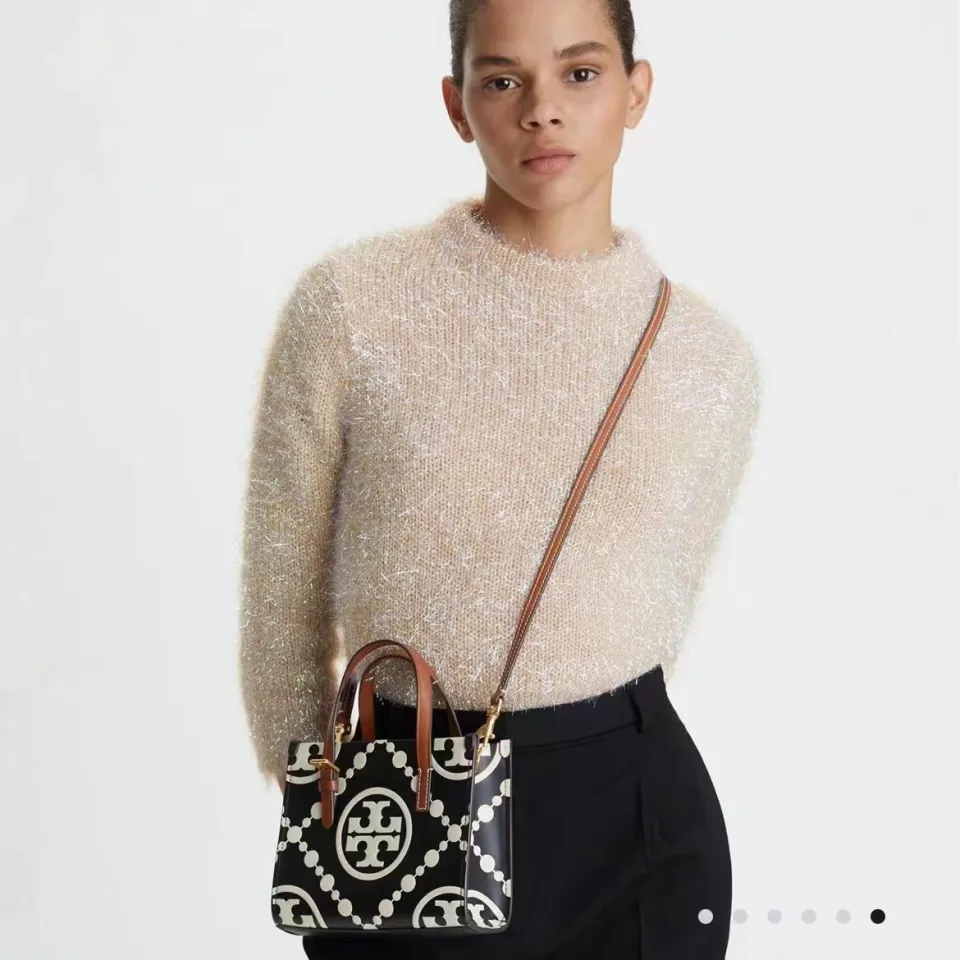 Authentic Tory Burch T MONOGRAM Tote Bag Cow Leather Mini Cross