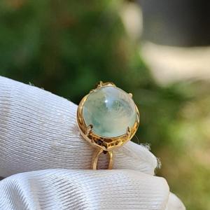 Icy Floating Green Patches Cabochon Natural Type A Jadeite Jade set on 18k gold as a ring with certificate weigh 2.06 grams measurement 8.9 * 8.8 * 4.2 mm finger size 16.8 mm (18kring19)