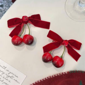 Kẹp tóc nơ nhung quả cherry đỏ đáng yêu