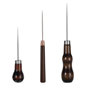 3PCS Leather Hole Puncher Wood Handle Awl Leather Punching Tools Hand Stitcher Leathercraft Needle