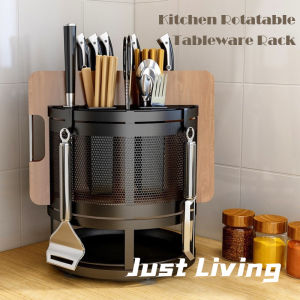 JustLiving Tủ đựng đồ nhà bếp bằng thép không gỉ Giá đựng đồ nhà bếp có thể xoay được Kệ đựng đũa Thùng đựng đồ trong nhà bếp Giá đựng đồ dùng trong nhà bếp Kệ lưu trữ bộ đồ ăn đa chức năng