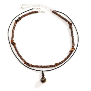 SWEET Pendant Wooden Beads Necklace Retro Pine Stone Necklaces for Men Personalized Bohemian Double Layer Necklace Men