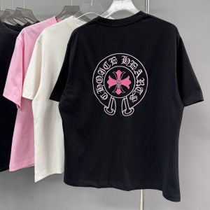 Chrome Heartsˉ เสื้อเชิ้ตแขนสั้นดีไซน์ใหม่สไตล์อเมริกันพร้อมลายปักดอกไม้สามมิติสำหรับผู้ชายและผู้หญิง