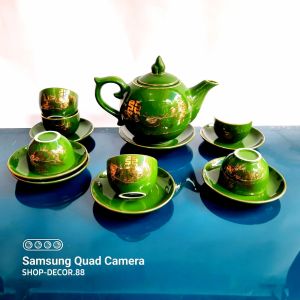 Bộ ấm chén bưởi rêu đào thọ vẽ vàng 24k gốm sứ Bát Tràng cao cấp