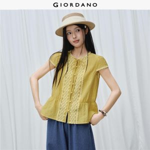 GIORDANO Women Blouses Lace Trim Floral Embroidered Blouses Round Neck Short Sleeve Fashionable Casual Blouses 18346813