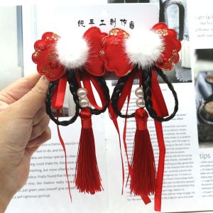 BEIBEI 2pcs Tassel Wig Braid Hairpin Kids Headwear Chinese Style Children Hanfu Headdress Hair Extension Cute Red Bow Hairclip New Year Festive