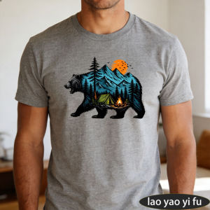[Local Stock] HBESTY  Bear Silhouette Forest Mountain Graphic T Shirt Men Heather Grey Tee Double Exposure Nature Print Top Summer Wildlife Shirt