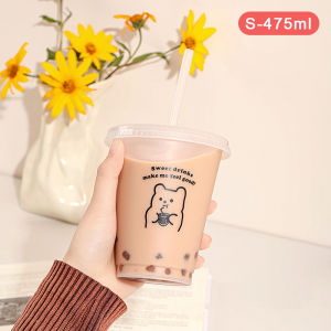 [Sirola] Kawaii Water Bottle For Coffee Juice Milk Tea Cute Plastic Cold Cups With Straw Lid Portable Reusable Drinking Bottle BPA Free
