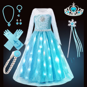 Frozen Inspired Princess Elsa Role Play Costume Dress with LED Light 2026 Summer Carnival Birthday Party Girls Clothing