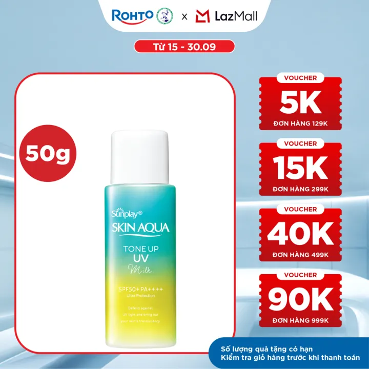 Kem chống nắng nâng tông Skin Aqua Tone up Mint Green cho da trắng có khuyết điểm đỏ, dạng sữa Sunplay Skin Aqua Tone Up UV Milk Mint Green SPF 50+ PA++++ 50g