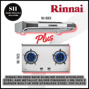 RINNAI RH-90ER 90CM SLIMLINE HOOD + RB-782S 2 BURNER BUILT-IN HOB STAINLESS STEEL TOP PLATE BUNDLE DEAL!
