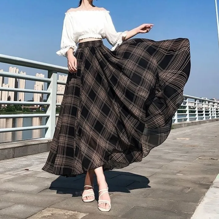 Women Long Plaid Skirt 