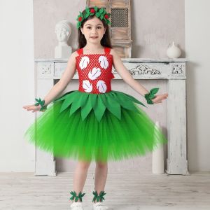 Hawaiian Lilo Leaf Girls Tutu Dress for Kids Party Princess Costume With Garland Baby Girl Christmas Halloween Hula-hula Outfit