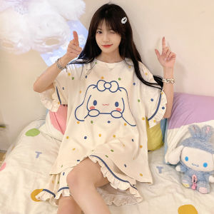 ชุดนอน ชุดนอนผู้หญิง ชุดนอนน่ารัก 🍄 ชุดนอนเซ็ท2ชิ้น เสื้อแขนสั้นคอเต่า ขอบแขนเสื้อแต่งระบาย W002
