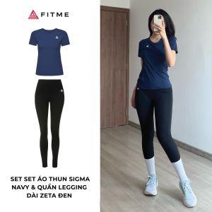 Bộ đồ tập gym nữ Fitme áo thể thao Sigma Xanh Navy quần legging dài Đen form body cao cấp