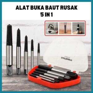 Alat Pembuka Baut Rusak Tap Balik Mata Bor Extractor Screw Remover Set 5 In 1