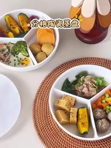 3 Compartment Ceramic Steamer Tray 19x5cm Rice Cooker Microwave Baby Food Egg Steaming Plate