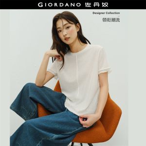 GIORDANO Women T-Shirts Middle Seam Lace Trim Short Sleeve Tee Round Neck Fashionable Casual Loose T-Shirts 18326823