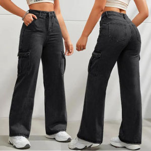 Womens Fashion Multi-Pocket Cargo Denim Jeans Casual Style Wide Leg Pants High Waist Design Streetwear Essentials