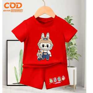 Setelan atasan anak Kaos dan Celana usia 1-10 tahun bergambar Labubu The Monster bahan Babyterry