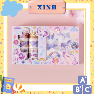 Hộp 10 washi tape và 10 giấy dán sticker dán khủng long thỏ kỳ lân ảo giác trang trí sổ tay làm quà tặng cute
