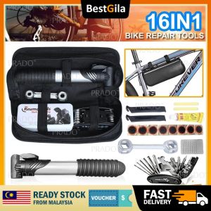 BestGila Malaysia 16 in 1 Portable Bike Repair Tools Kit Mini Pump Emergency Tire Repair Tool Set Bicycle Patch Kit Storage Bag wt Strap
