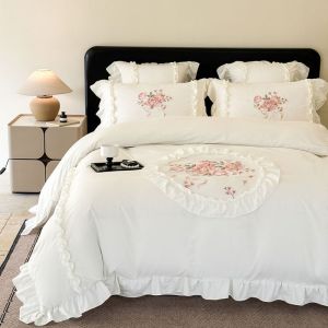 Bedding 4-piece set high-end bedding 4-piece cotton duvet cover 4-piece embroidered floral lace 4-piece set (sheet*1 quilt cover*1 pillowcase*2)