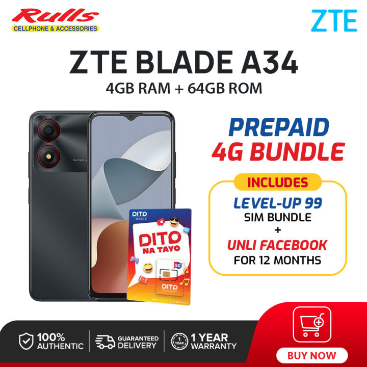 DITO ZTE Blade A34 4G PHONE KIT with Unli FB Data | 4GB+64GB | Octa-core Processor | 8MP Main Camera | 6.6” Big Screen| 5000mAh Battery