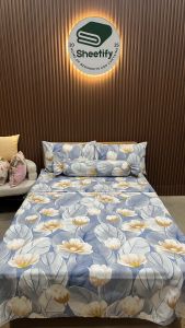 Sheetify I Blue Lotus I 3in1 Bedsheet Set w/ 2 Pillowcase 18X28 I Canadian Cotton I Full garter