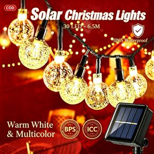 6.5M 30LED Solar Crystal Ball String Lights IP67 Waterproof Outdoor Solar Fairy Garland Lights Flash Decor Lamp for Patio Garden Christmas Wedding Party Camping Porch Decorations