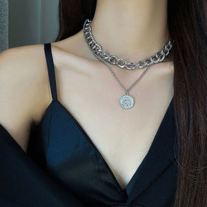 Bosuer 💛COD: Kalung Wanita Korea Rantai Double Layer dengan Liontin Bahan Kalung Titanium Steel Gaya Hip Hop