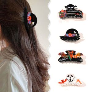huiheyu 万圣节头饰 halloween hairband devil horn headband Gradient Color Halloween Shark Clip Waterproof Acrylic Skull Shark Clip Personalized Contrast Color Acetic Acid Hair Claw Girls