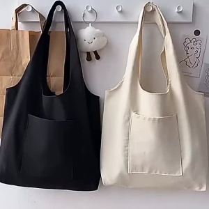 Students Pocket Canvas Tote Bag Shoulder ToteBag Korean Style Tote Bag Aesthetic F9YY