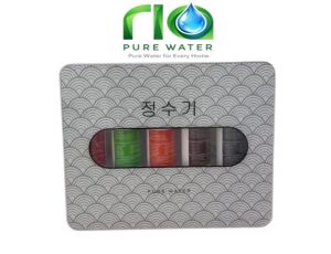 Water filter kit with 5 cartridges and installation accessories.