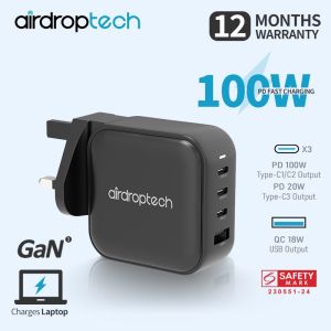 AIRDROPTECH 100W GaN PD Fast Charger Quick Charge 3 Type C 1 USB A Charger with QC Portable for iPad iPhone 15 14 13 12 Pro Max Plus Macbook Air Pro Samsung S23 S22 Ultra