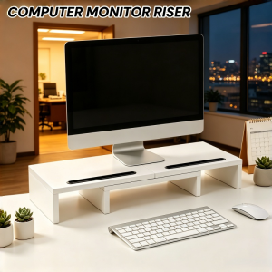 Monitor Height-Adjustable Stand Wooden Desktop Organizer Sliding Double-Sided Telescopic Design Desktop Monitor Organizer Office Computer Stand for Neck Pain Relief Extends Left and Right