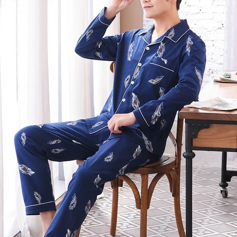Men Sleepwear Striped Cotton Pajama Sets for Men Short Sleeve Long