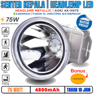 Headlamp / Senter Kepala Led 75w | Senter Kepala Anti Air Jarak Jauh 1000 Meter Aoki Ak-H075 75watt Tahan 10 Jam - Headlamp Aoki Ak H075- Dilengkapi Lensa Kuning Anti Kabut Rechargeable Tahan 10 Jam - Vas