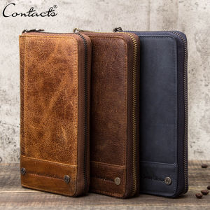 CONTACTS Wallet For Men Genuine Leather Clutch Wallet Male Casual Long Purse with Zipper Phone Pocket Large Capacity RFID Card Holder