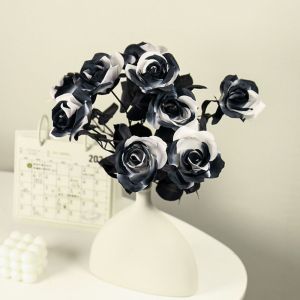 REGISTR Gothic Halloween Artificial Rose Flowers Black White Soft Silk Faux Flowers Holiday Decor Supplies Real Touch Simulation Flowers Home Garden Party Decor