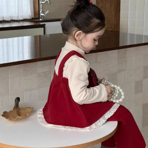Childrens Christmas outfit thickened clothing baby autumn and winter wear Korean-style childrens clothing girls suspender skirt plaid fleece-lined set
