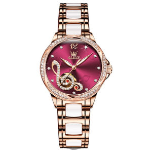 OLEVS 6656 Women Fashion Mechanical Watch Gift Genuine Leather Watchband Round-dial Wristwatch Luminous
