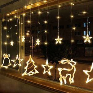 NUVOX Twinkle Star 138 LED 9 Stars Curtain String Lights Window Curtain Lights with 8 Flashing Modes Ramadan Decoration for Christmas Wedding Party Home Decorations Warm White/Multicolor