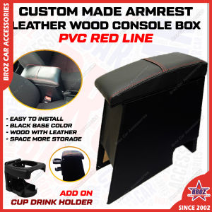 Custom Made Kereta Armrest Leather Wood Car Armrest Letak Tangan PVC Red Line Korean Wine Series  For Perodua Bezza