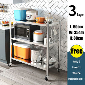 Kitchen Shelves With 3 Basket Thicken Kitchen Racks Organizer Shelf With Wheels Microwave Shelf Rack Oven Rack Fruit Vegetable Condiments Racks Organizer Movable Kitchen Organizer Space Saver Layer Height Adjustable