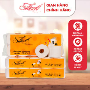 Giấy vệ sinh cao cấp Silkwell Sếu 10 cuộn 4 lớp có lõi siêu mềm mịn không tẩy trắng hàng chính hãng